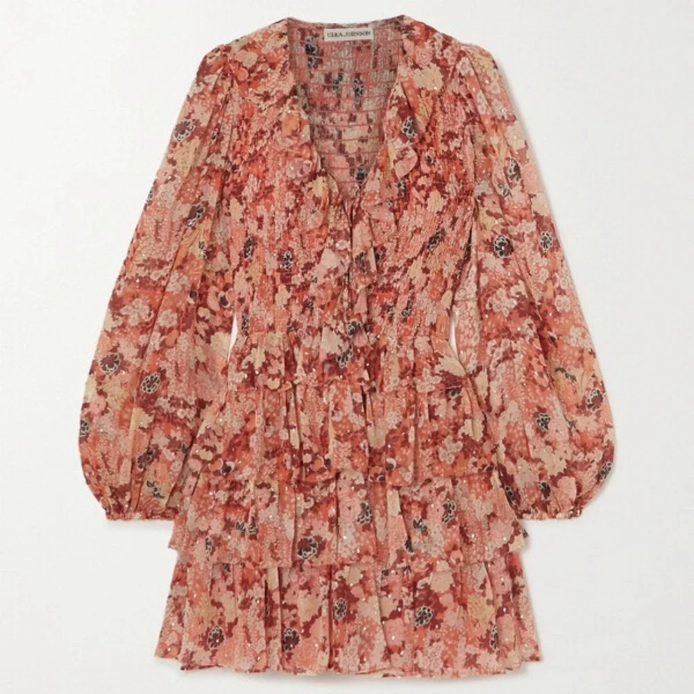 Ulla‎ Johnson Tamara Dress Silk Mini Metallic Floral Print Coral Size 2 Tiered